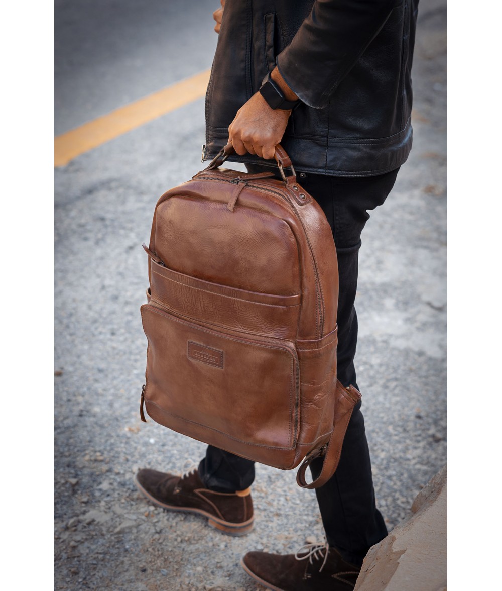 Flint Cognac Brown Leather Laptop Backpack Alaskan Leather Company